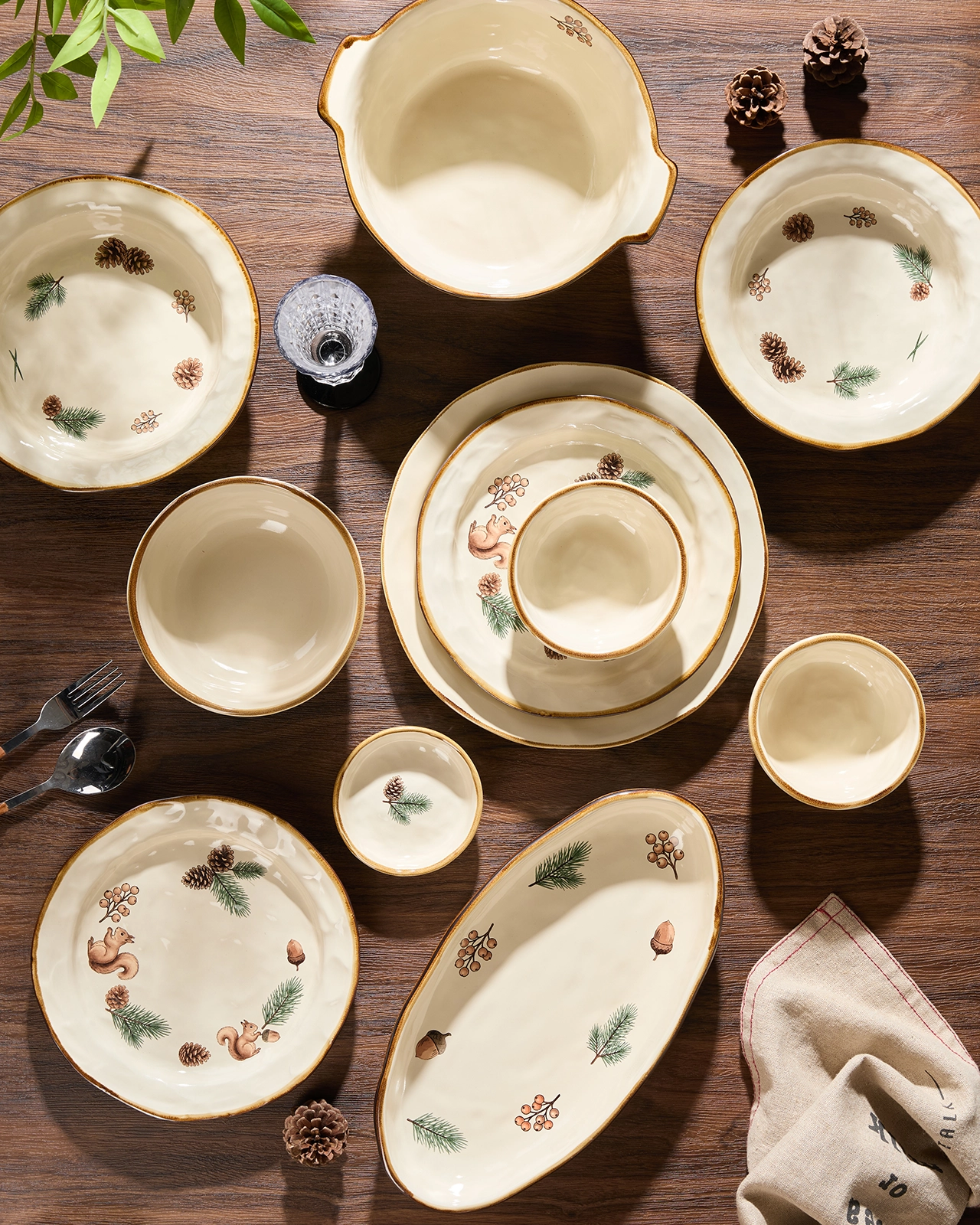 Full collection view of Squirrel‑Garden Christmas new bone china tableware gift set, woodland festive decals ready‑stock for wholesale